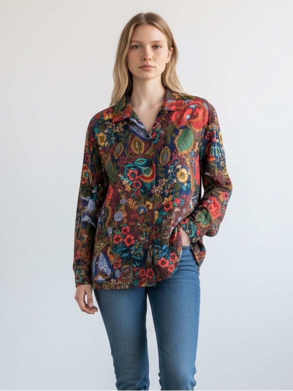 Howard Wolf Dallas Vintage Floral Bird Print Button‎ Front Blouse USA 10